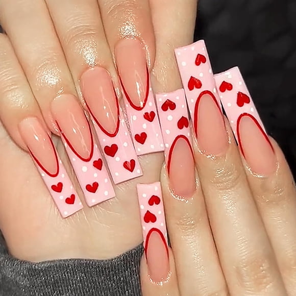 Uñas postizas Sutaozhi 24 piezas diseño largo cuadrado con corazones
