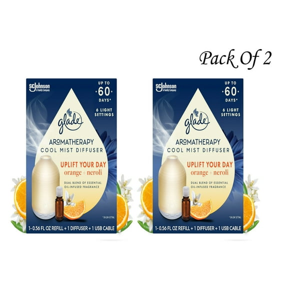 Glade Aromatherapy Cool Mist Diffuser, Uplift Your Day, Orange   Neroli, Dual Blend of Essential Oil-Infused Fragrance, 1 Diffuser   1 Refill, 0.56 Fl Oz (Pack of 2)