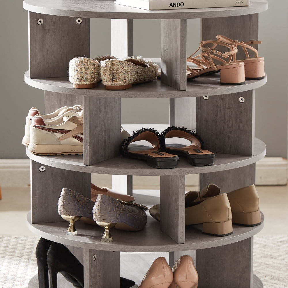 Pilaster Designs Furinno Revolving 4 Tier Shoe Storage Rack Carousel Organizer, White Wood, Contemporary