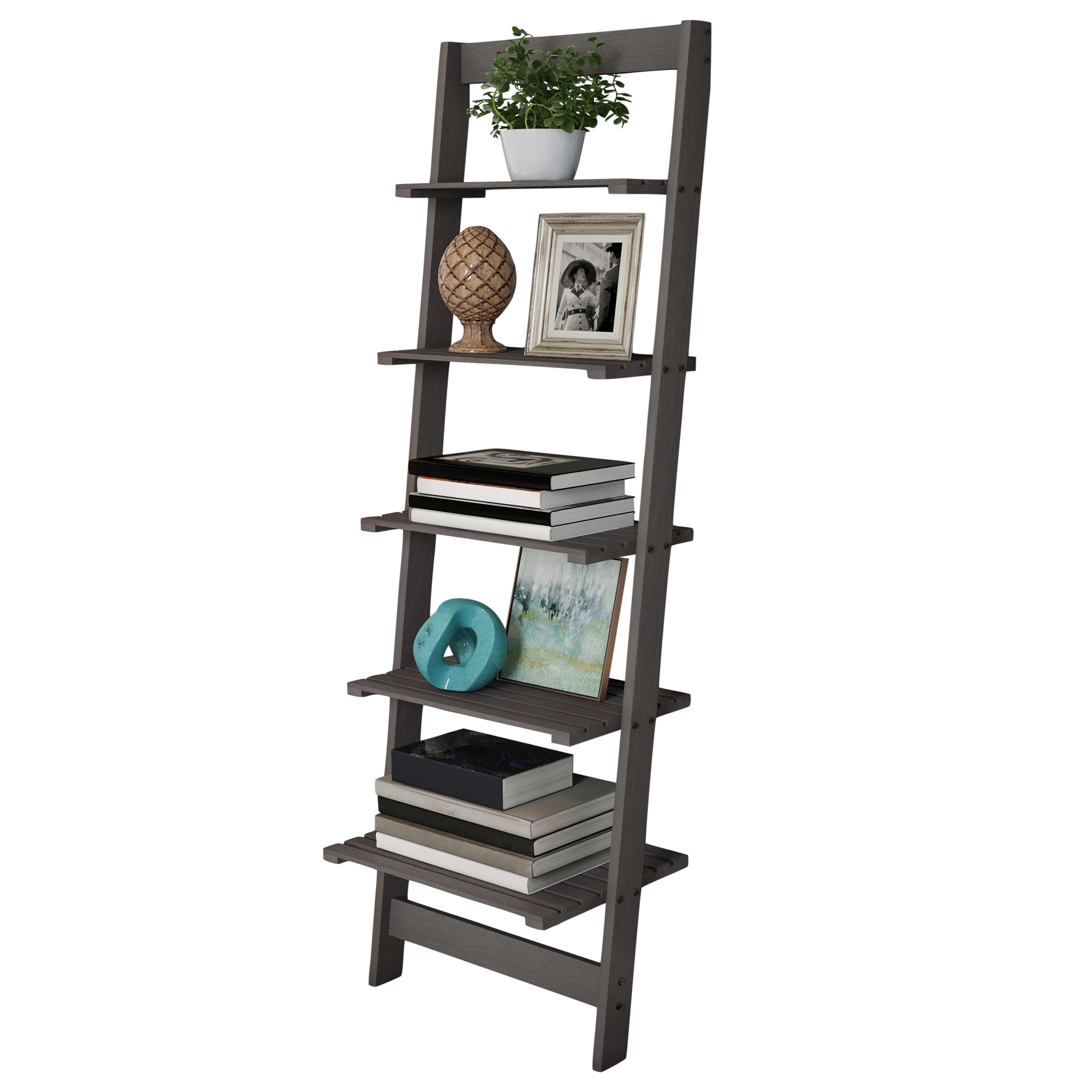 Lavish Home 5-Tier Slatted Wood Leaning Ladder Shelf for Narrow Storage, Wooden Bookcase for Living Room, Bathroom, Kitchen, Office or Bedroom, Gray Finish