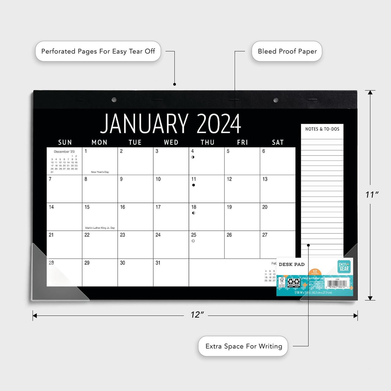 2024-12 Month Deskpad- Black Border -11x17 Tear off sheet calendar-