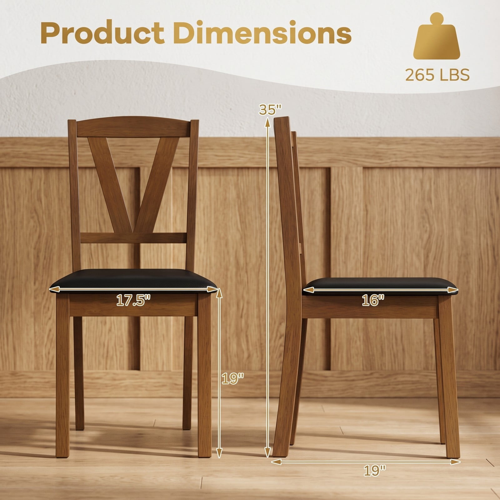 Furnibear Wooden Dining Chair Set of 2, PU Leather Upholstered Kitchen Side Chairs with Rubber Wood Frame, V-Shaped Backrest, Padded Seat for Home Restaurant, Brown