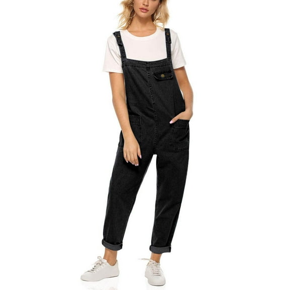 ITSAME Womens Plus Size Denim Jumpsuits, Suspender Casual Loose Trendy Wide Leg Overalls Black 5XL