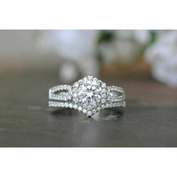 Round Cut Simulated Diamond Bridal Set Wedding Band Ring 14k White Gold Plated Pure 925 Sterling Silver