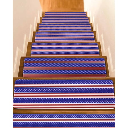 4th of July Stair Treads for Wooden Steps Indoor Runner Rug Carpet Blue Star Red Striped Independence Day 15 Pieces Peel and Stick Staircase Step Treads Covers Washable Throw Door Mats 30 x8