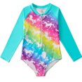 thumbnail image 2 of URMAGIC Kids Girls Zip Up Long Sleeve Rash Guard One-Piece Swimsuit Rainbow Swimwear 1-8Y, 2 of 12