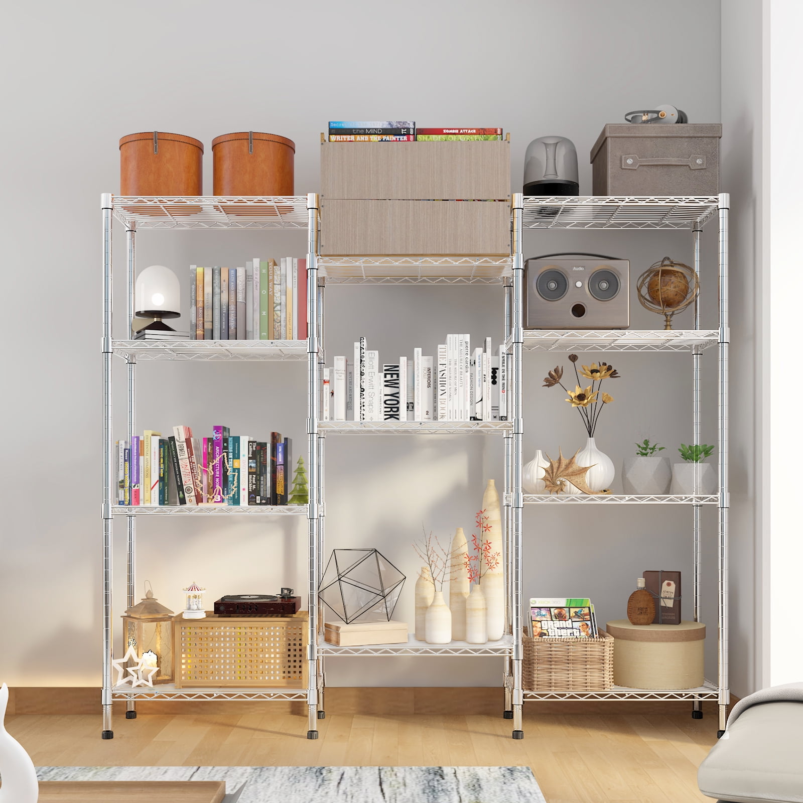 Ktaxon 3-Rows 1430LBS Heavy Duty Wire Shelving, 4-Tier Steel Garage Storage Rack, Adjustable DIY Metal Commercial Shelving for Garage Pantry Storage Organizer, 62.9"W x 13.8"D x 59"H
