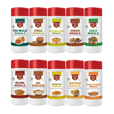 Organic Pav Bhaji + Chole + Kitchen King + Garam Masala + Sabji + Rajma + Dal Makhani + Sambhar + Biryani + Shahi Paneer Masala Powder By Bhoj Masale 500gm, 17.6 Ounce | Pack Of 10