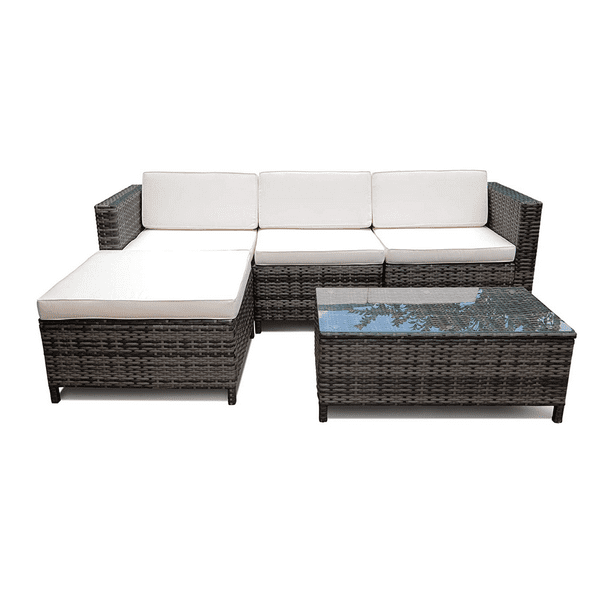 5 Pieces Outdoor Patio Furniture Set All Weather Small Sectional Sofa Wicker Rattan Couch Conversation With Ottoman White Washable Cushions Mix Grey Com - All Weather Patio Furniture Set