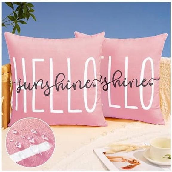 Outdoor Pillow Covers 16x16 Inch Set of 2 Hello Sunshine Decor Pink Waterproof Throw Pillow Covers Summer Outdoor Waterproof Pillow Covers Decor for Patio Funiture Garden Sofa Couch 020F16