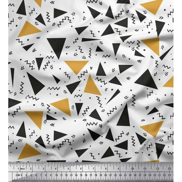 Soimoi White polyester Crepe Fabric Dot,Zig Zag & Triangle Geometric Fabric Prints By Yard 42 Inch Wide