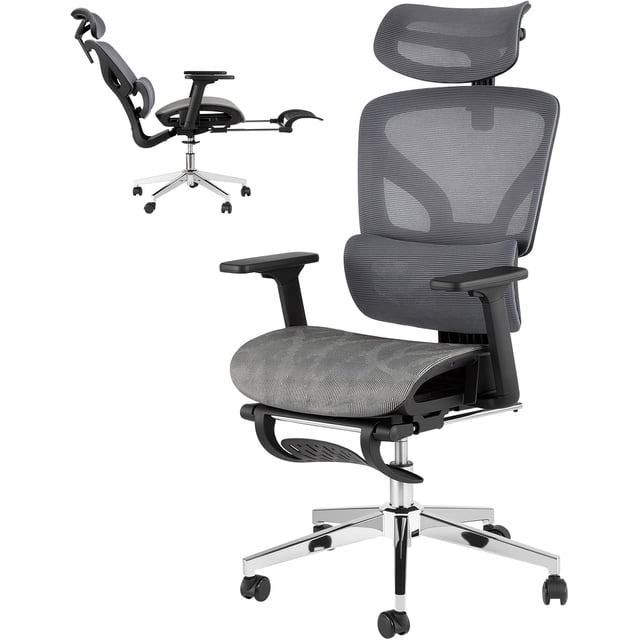 Ergonomic Office Chair with Breathable Mesh Back, High Back Support, 3D Adjustable Armrests, and Smooth Rolling Wheels – Comfortable Desk Chair for Work, Study, or Gaming with Foot pad (Grey)