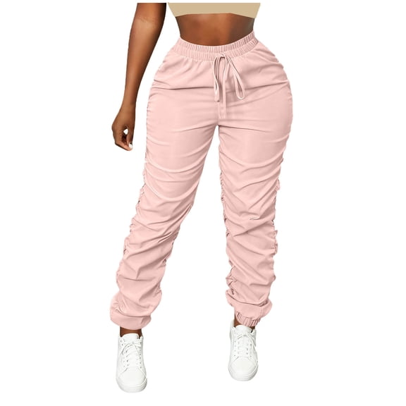 Busydd Cargo Pants Women Fashion Pleated Solid Color Hiking Pants Women Casual Outdoor Elastic Waist Drawstring Women's Pants with Pockets M