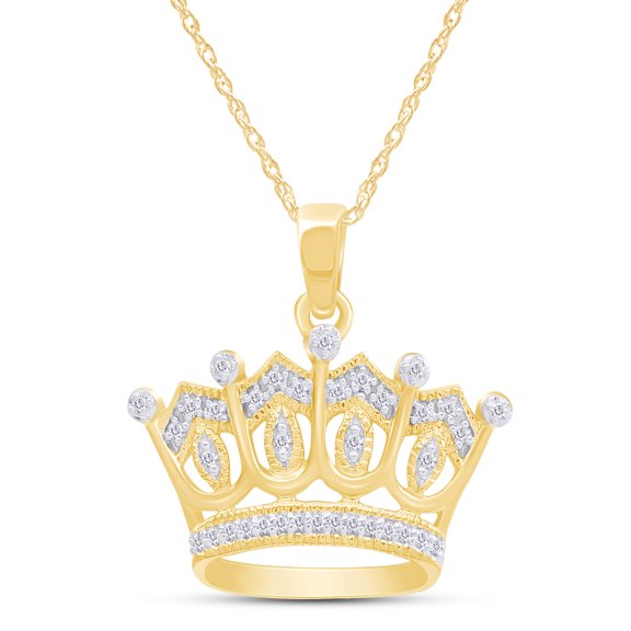 AFFY Round Cut White Natural Diamond Crown Pendant Necklace In 14K Yellow Gold Over Sterling Silver