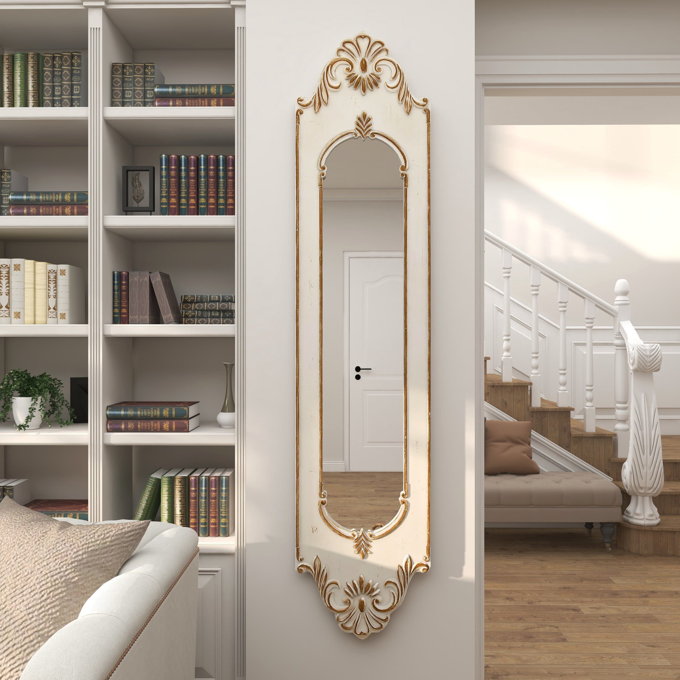 DecMode 16" x 72" White Slim Oval Vintage Style Floral Wall Mirror with Carved Brown Scrollwork