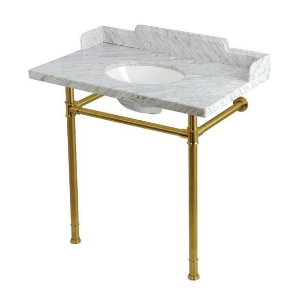 Kingston Brass KMS36228M387 Wesselman 36" Carrara Marble Console Sink with Stainless Steel Legs (8-Inch, 3-Hole), Carrara Marble White/Brushed Brass
