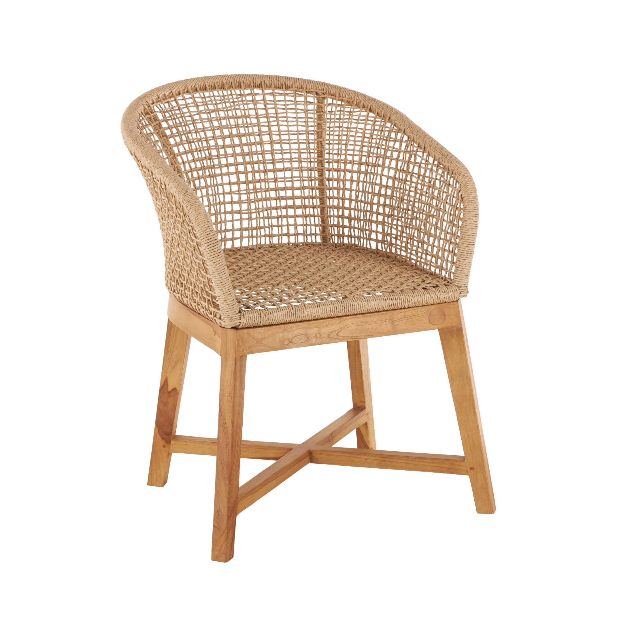 DecMode Plastic Rattan Handmade Woven Rounded Lounge Chair with Teak Frame, Light Brown