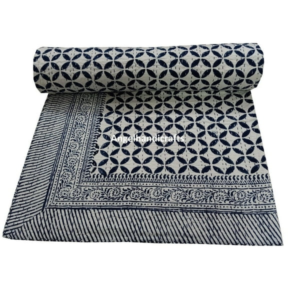 Handmade Kantha Quilt Cotton Blanket Hand Block Print Kantha Bedsheet Hand Stitch Bedcover Modern Bedspread Coverlet Indian Bedding Throw