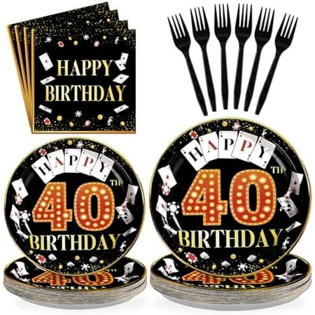 96Pcs Casino 40th Birthday Decoration Casino Themed Paper Plates and Napkins 40th Las Vegas Party Decoration for 40 Years Birthday Poker Game Night Vegas Party Supplies