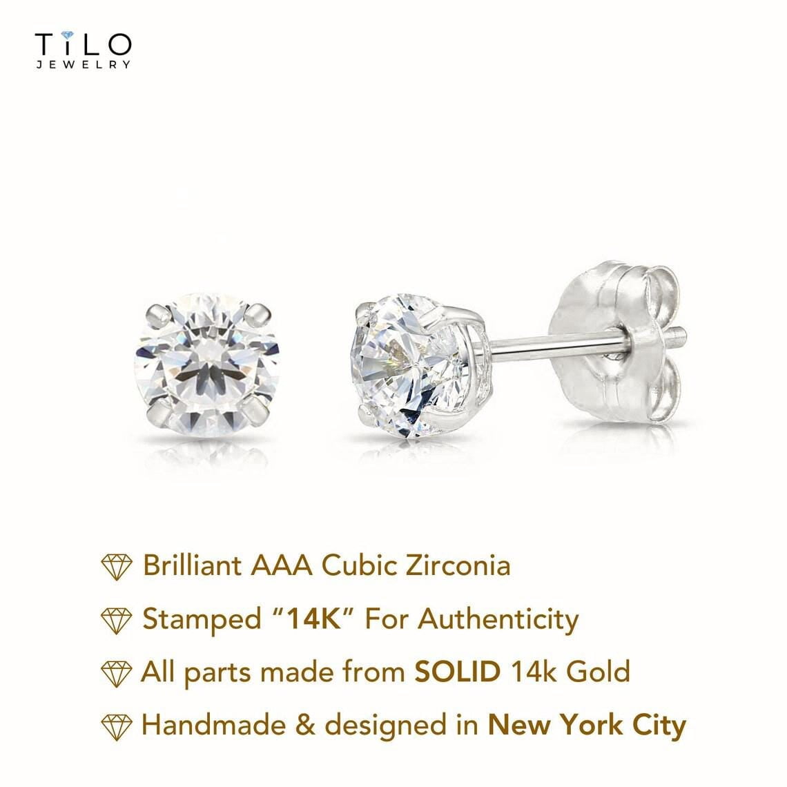 Tilo Jewelry 14K White Gold Solitaire Round CZ Stud Post Earrings with Secure Push-backs | 7mm | Classic Everyday Earrings | Women, Men, Unisex
