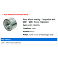 thumbnail image 2 of Front Wheel Bearing - Compatible with 2001 - 2007 Toyota Highlander 2002 2003 2004 2005 2006, 2 of 2