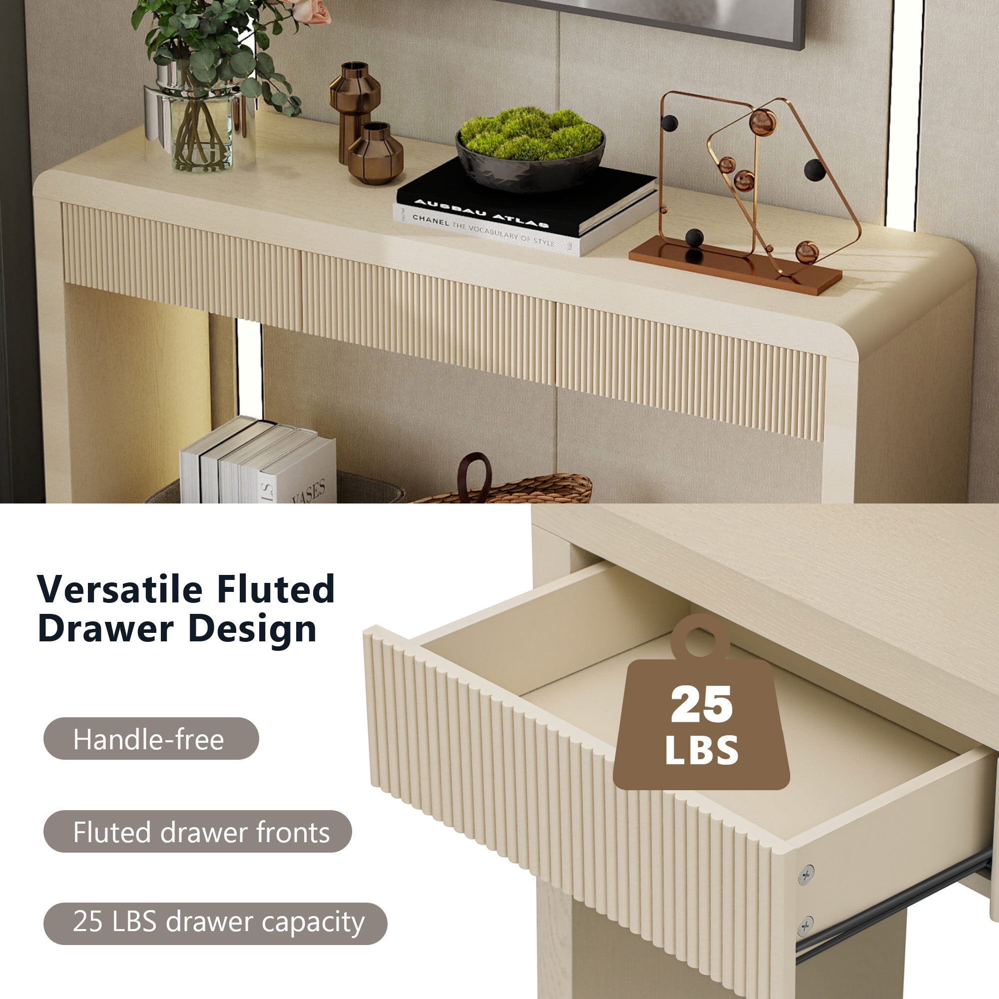 Euroco 52.9" Fluted Console Table with 3 Drawers,Solid Wood Narrow Long Entryway Table for Living Room Foyer Hallway,Apricot