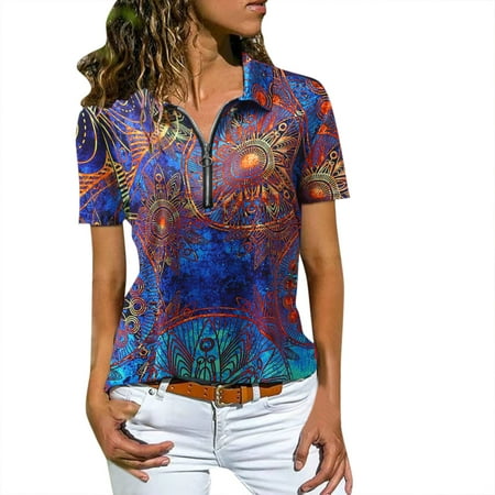 

Women s Fashion Casual Top Blouse Lapel Zipper Printed Soft Shirt Loose Short Sleeve Elegant Soft T-Shirt Top Juniors Active Shirts under Scrub Women Long Sleeve Shirts Workout Top Plain Loose T