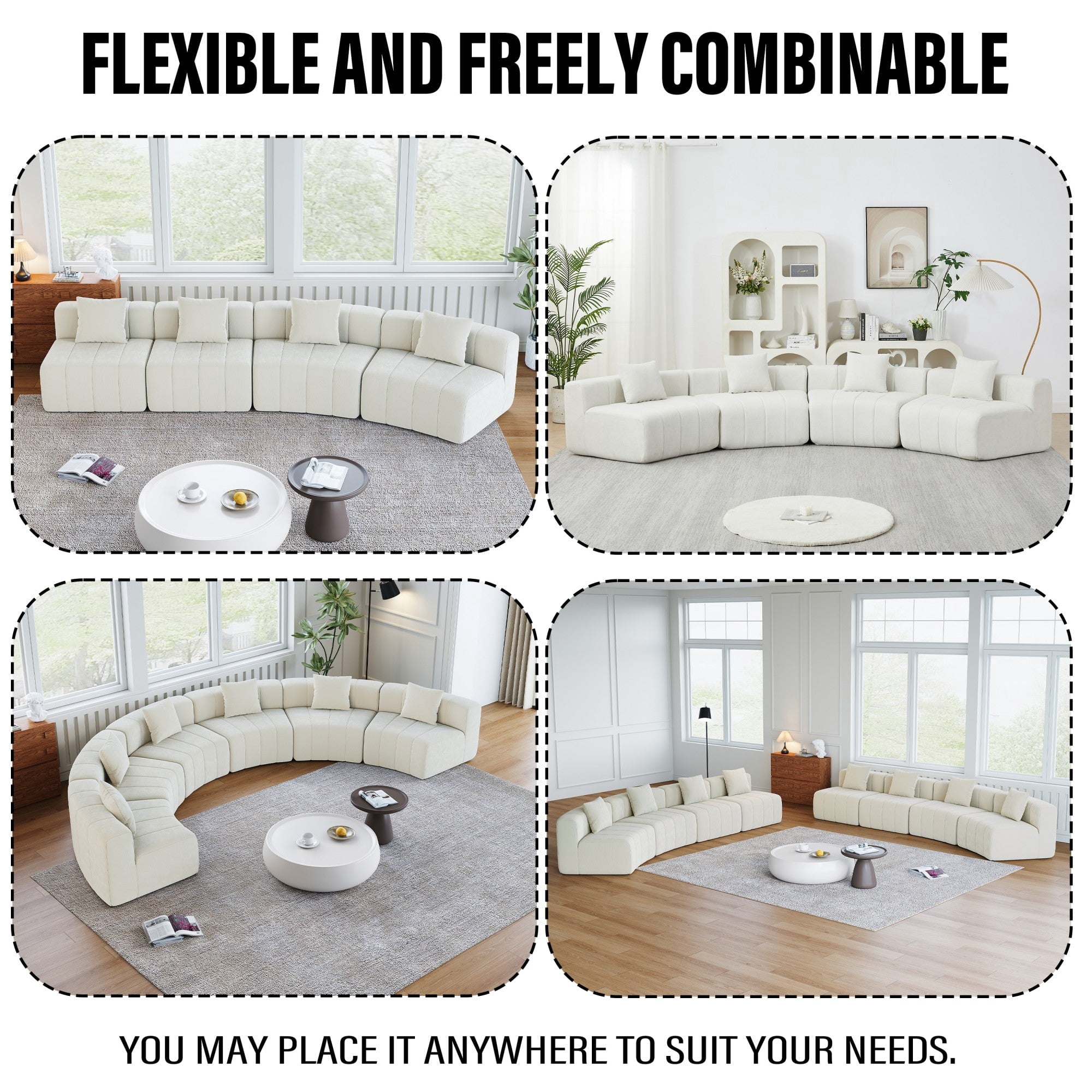 Sailvan Curved Sectional Sofa, Modular Chenille Semi Circular Sofa with 6 Pillows, No Assembly Modern Cloud Couch for Living Room & Office Beige