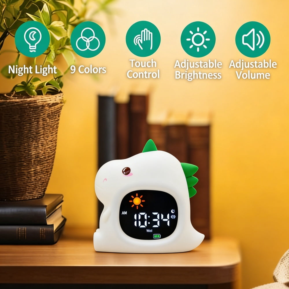 Dinosaur Children's Sleep Training Alarm Clock - Night Light with Wake Up Light, Sleep Sound, and Color Changing Emotion Light