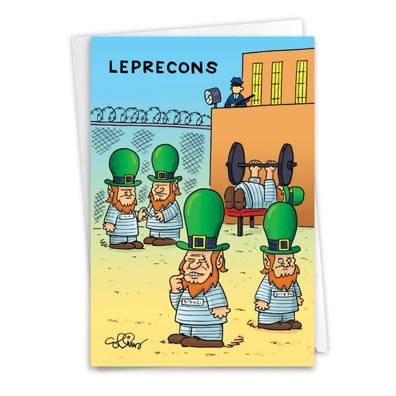 NobleWorks Funny St. Patrick's Day Paper Card with 5 x 7 Inch Envelope (1 Card) Leprecons C5207SPG
