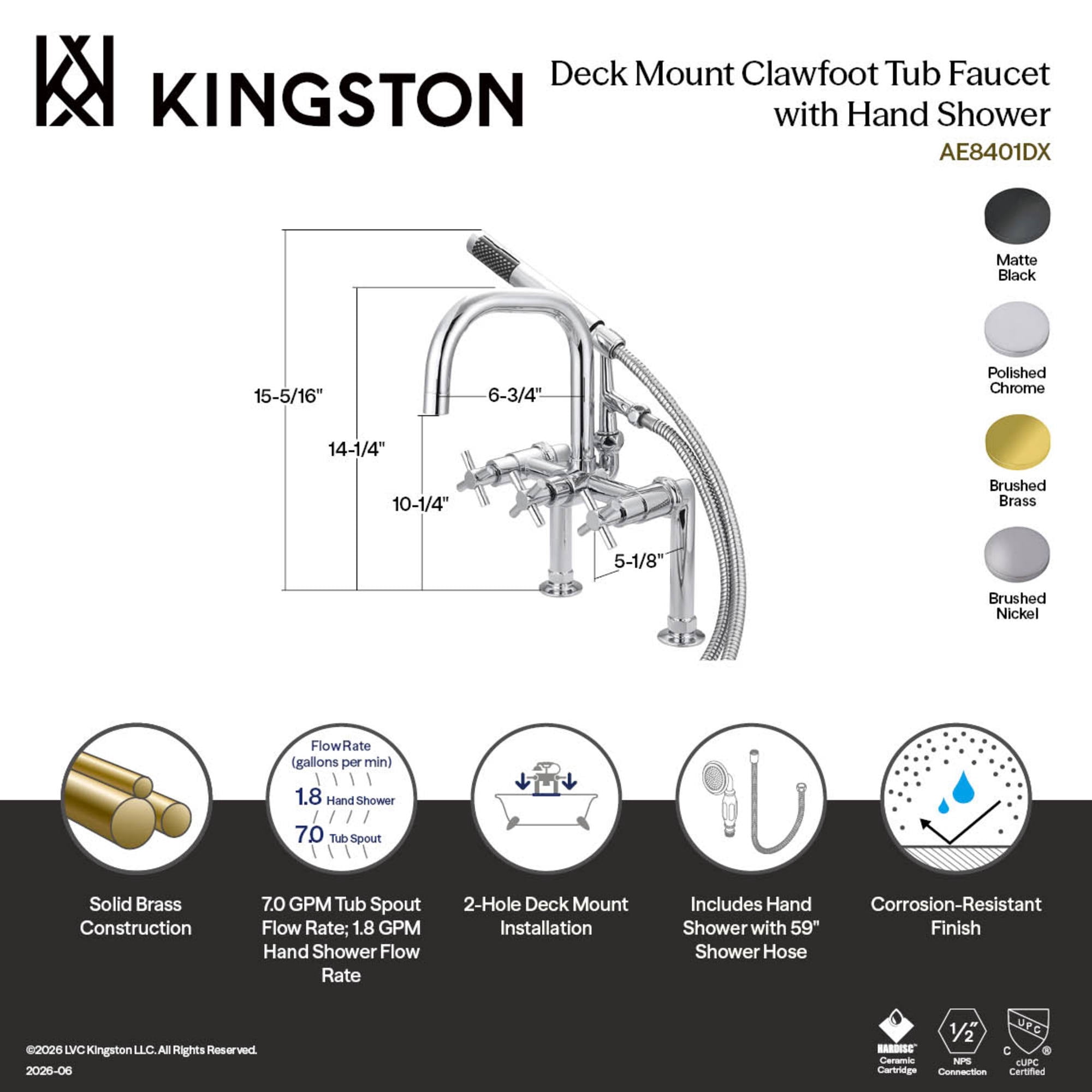 Kingston Brass AE8408DX Concord Three-Handle 2-Hole Deck-Mount Clawfoot Tub Faucet with Hand Shower in Brushed Nickel
