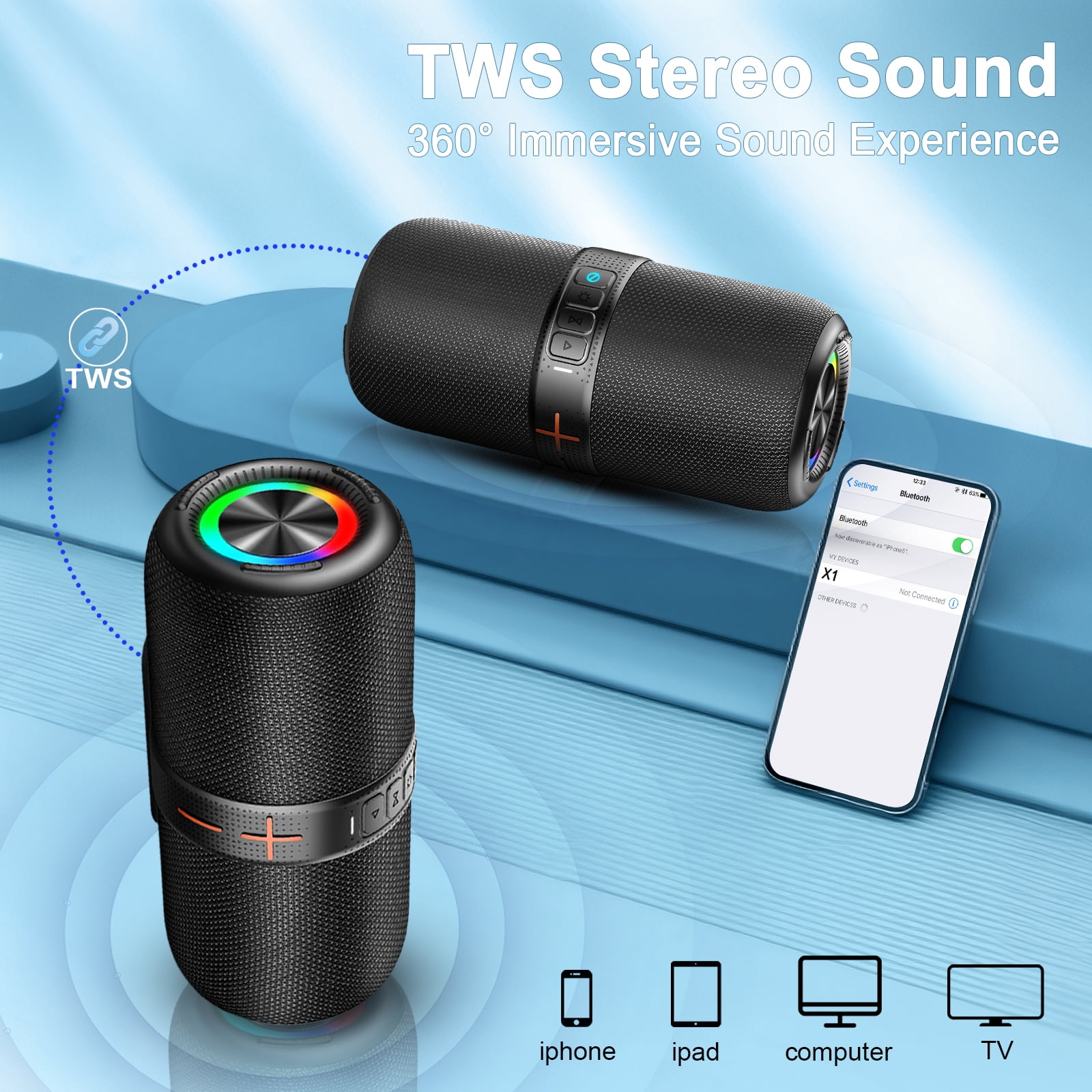 Portable Wireless Bluetooth Speaker with 36W Bass Loud Stereo Sound, 24H Playtime, IPX7 Waterproof, TWS Pairing, BT5.3, for Outdoor/Party/Home, Birthday Gift