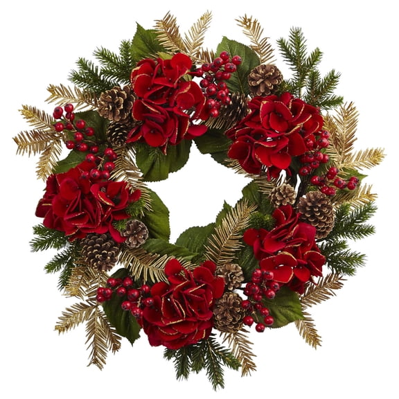 Nearly Natural Hydrangea Pine Wreath in Red