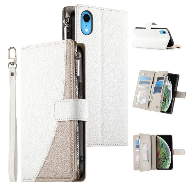 Funda cartera GANGXUN para iPhone XR , cuero PU con tarjetero, cremallera, correa de mano, soporte y protección 993°