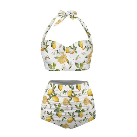 Conairie Women Bikini Sets High Waisted Swimsuit Two Piece Pleated Fashion V Neck Twist Front Bathing Suit Floral Print Beach Comfortable Swimwear Light Yellow L