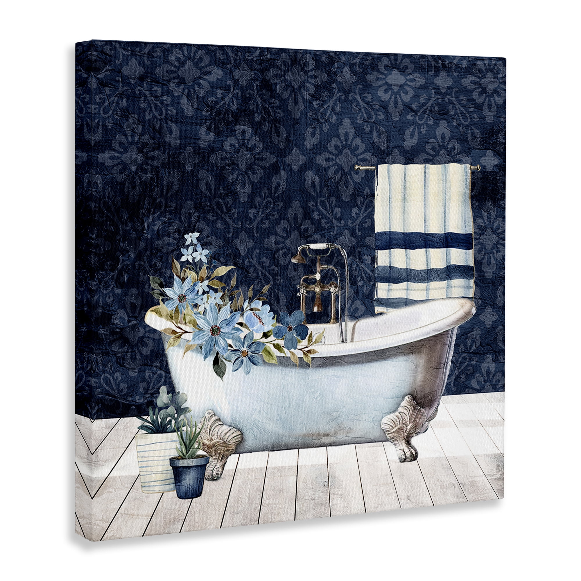 Stupell Industries Blue Damask Bathroom Bath & Laundry Painting Wrapped Canvas Art Print Wall Art, 30 x 30