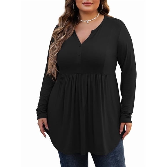 PINKSIR Plus Size Henley Shirts for Women V Neck Button Long Sleeve Flowy Tunic Tops Curved Hem Fall Blouse Black 2X