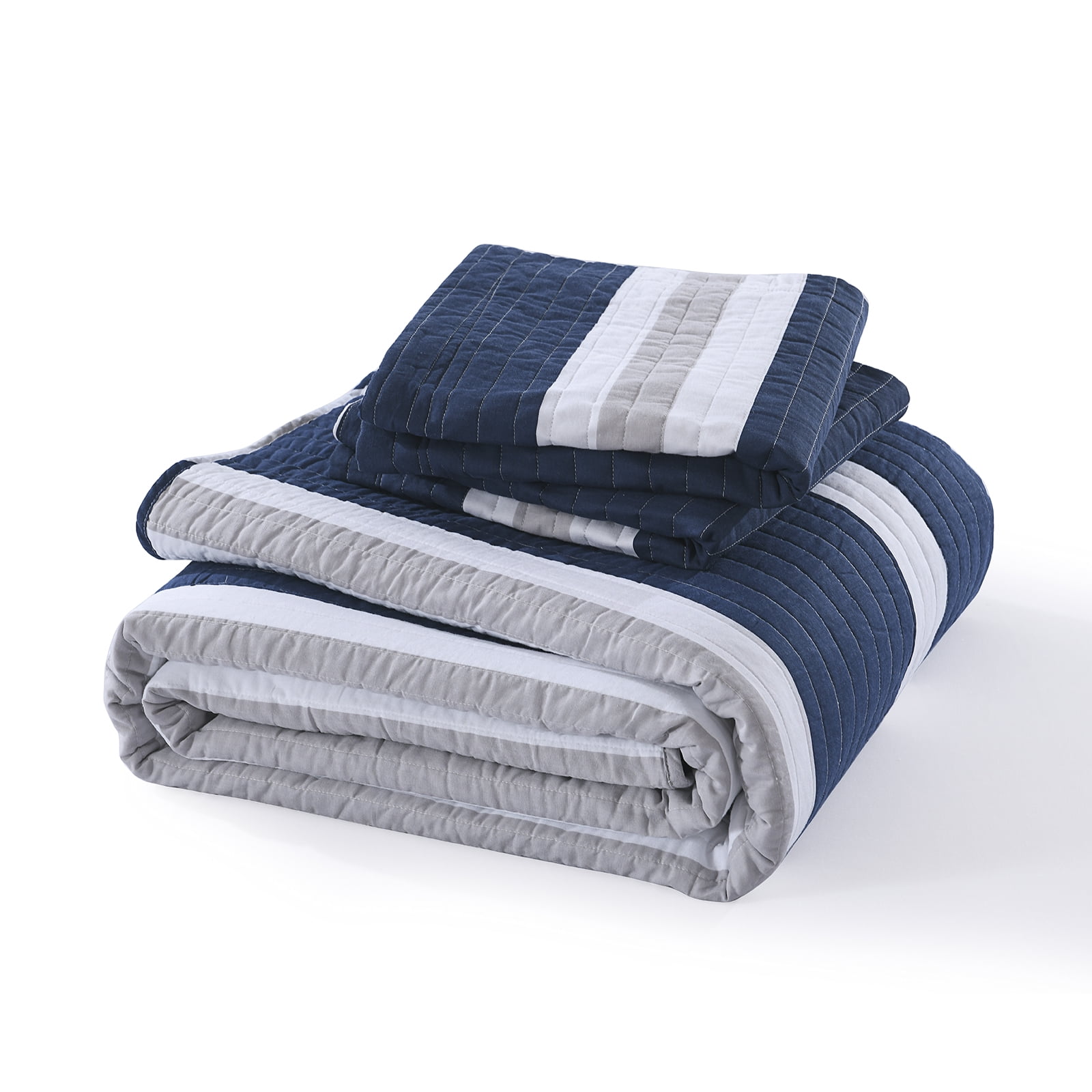 PANGUSHAN 100% Cotton Navy Blue Quilt King Size, King Quilt Bedding Set Quilted Bedspreads, Lightweight Reversible Striped Comforter for King Bed, All Season, Navy Blue, 3 Pieces