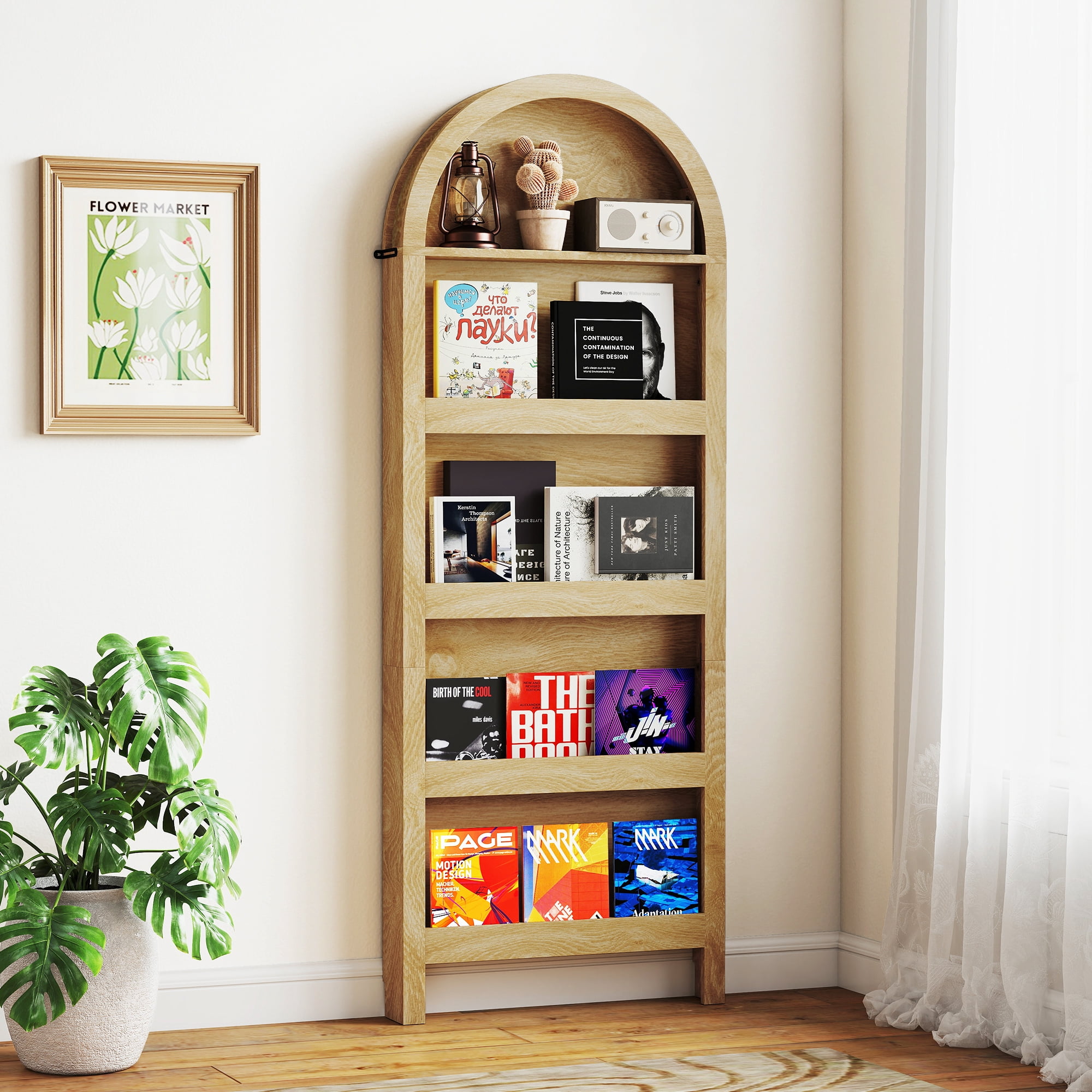 Arched Behind The Door Storage Narrow 5- Tier Open Display Bookshelf Wall Mount Display Rack for Living Room Bedroom