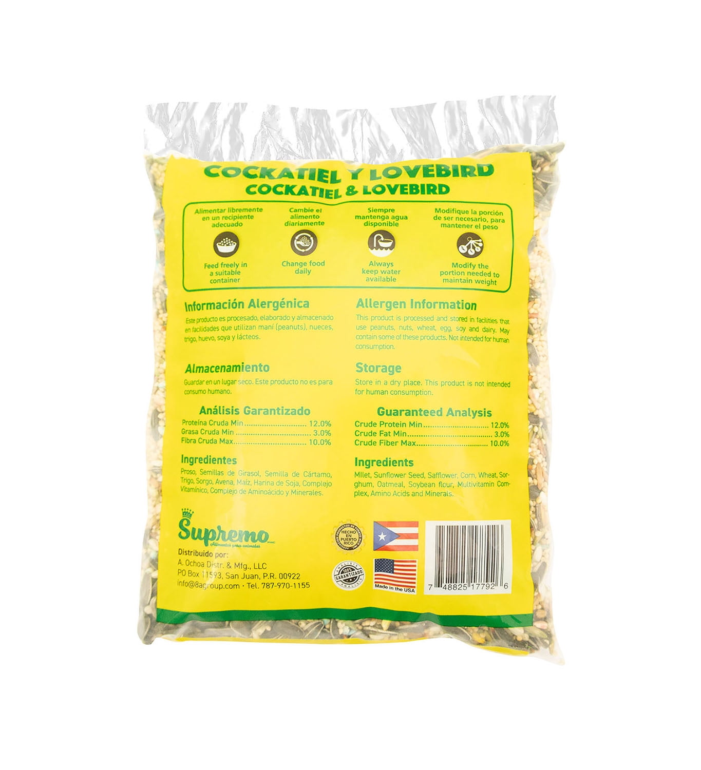 (3 pack) Supremo Alimento Para Cockatiel & Lovebird, Bird Seed, 2lb, Plastic Bag