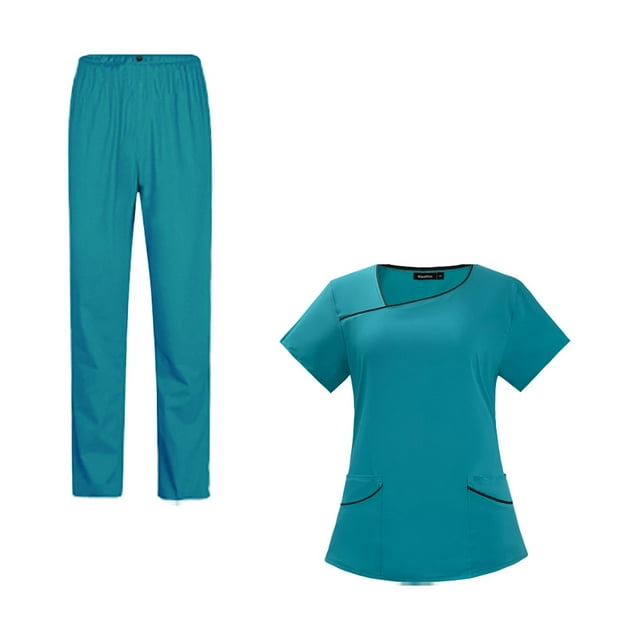 Conjuntos de uniforme médico para mujer, uniforme de enfermera de verano, manga corta, top y pantalones suaves. Azul Oscuro Medio