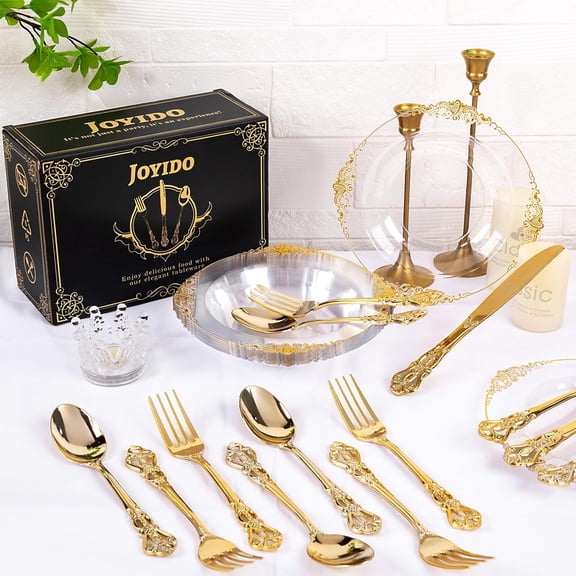 300Pieces Gold Plastic Silverware - Heavy Duty Gold Disposable Utensils - Vintage Plastic Cutlery Set Includes 100 Forks, 100 Spoons, 100 Knives for Dinner Parties Weddings