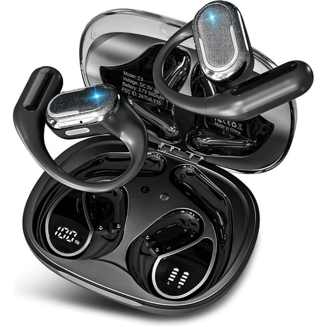 Auriculares abiertos Bluetooth 5.4 sin cables con pantalla tiempo de reproducción de 46 horas, auriculares con cancelación de ruido ENC IPX5 impermeables, auriculares ergonómicos con gancho para