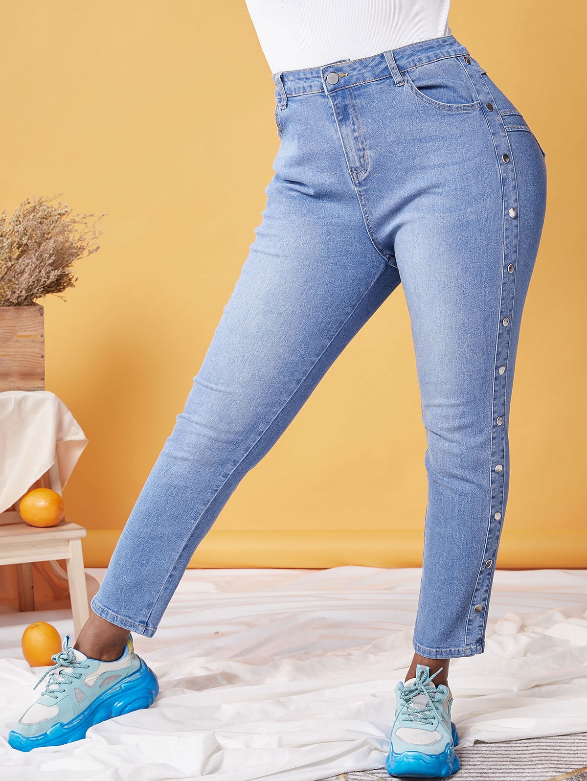 Studded Light Wash Skinny Jeans Blue XL 