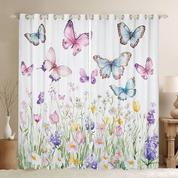 Erosebridal Chic Butterfly Blackout Curtains Set of 2 (52x84 Each) for Girls, Colorful Flower Window Curtains