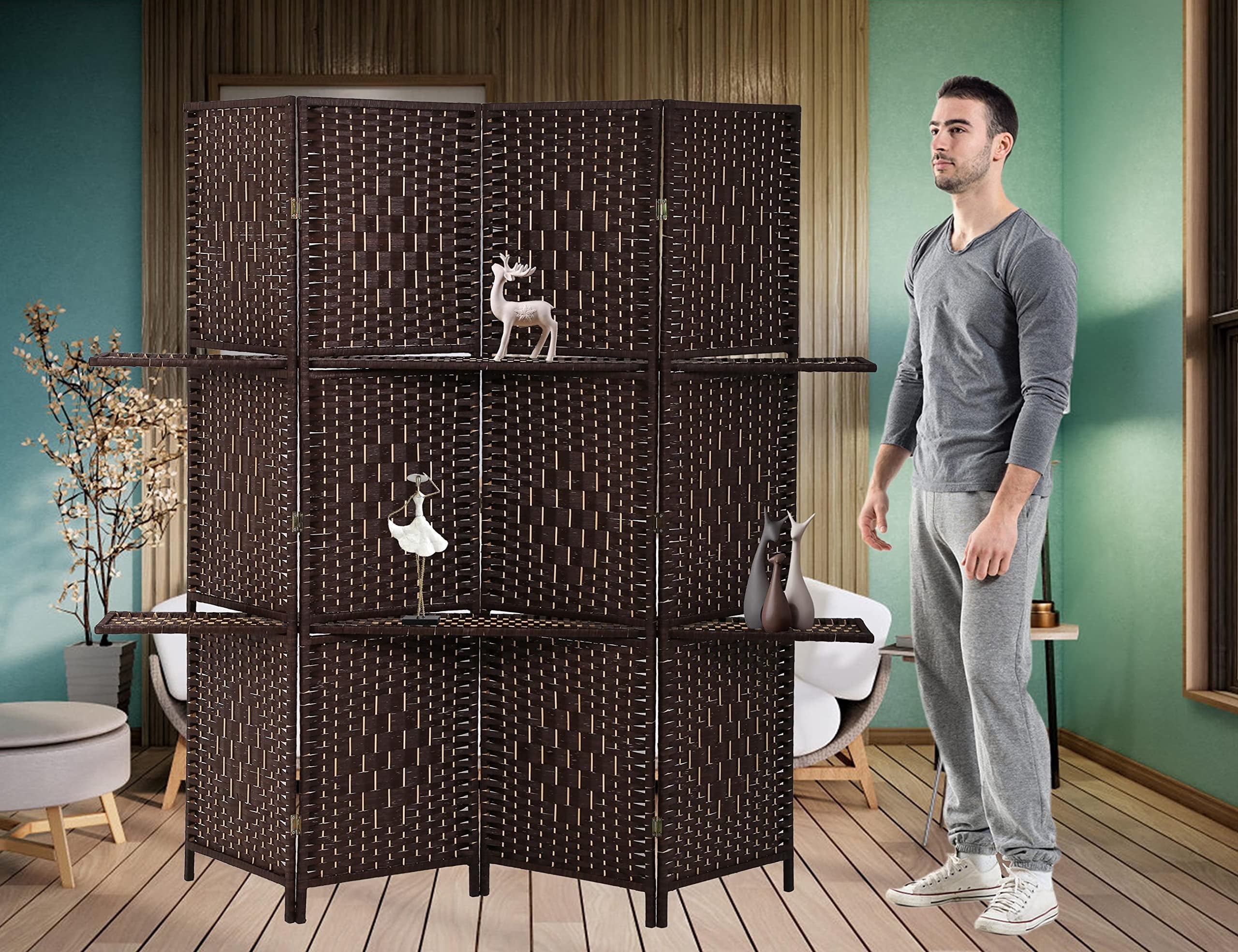 CL.HPAHKL 4 Panel Folding Wooden Room Divider, 5.88ft Tall Partition Screen with Removable Storage Shelves, Freestanding Portable Wall for Home Office Dorm Hotel, Brown