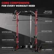 Mikolo Compact 7-IN-1 Smith Machine With Cable Crossover System, 1000LBS Multi-Functional Squat Rack, Workout Station with Weight Bar, Bend Peg and 18 pcs aluminum pulleys
