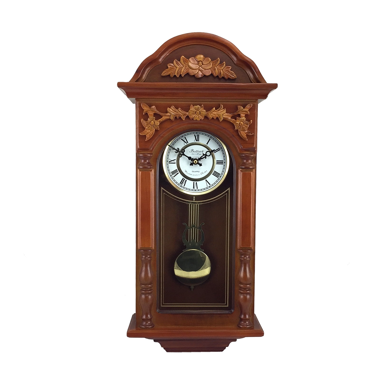 Oak Bedford Clock Collection Classic Chiming Wall Clock with Swinging Pendulum 