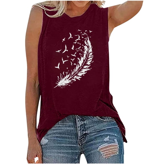 Staron Summer Tops for Women Printed Round Neck Sleeveless Casual Loose Tank Top with Pockets, Red XXL
