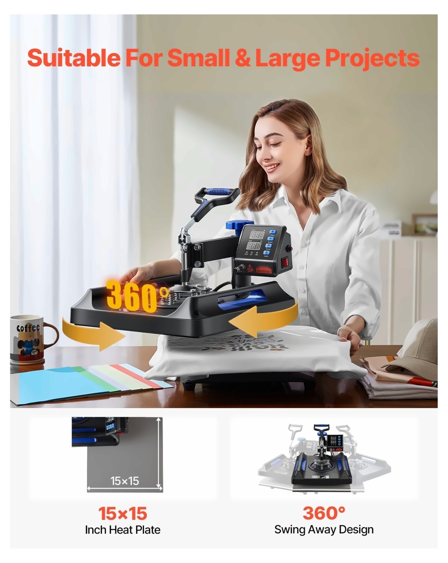 Heat Press Machine 15x15 inch 8 in 1 Sublimation Machine - Digital Control, Swing Away, for T-Shirts, Mugs, Hats